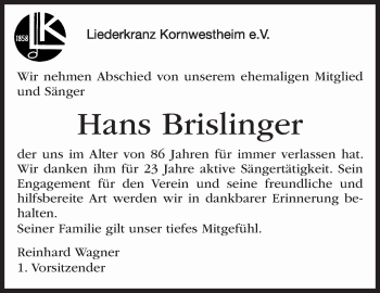 Traueranzeige von Hans Brislinger von Stuttgarter Zeitung / Stuttgarter Nachrichten