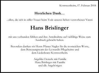Traueranzeige von Hans Brislinger von Stuttgarter Zeitung / Stuttgarter Nachrichten