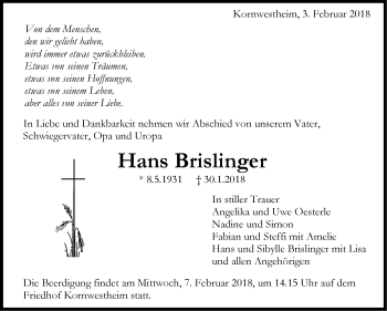 Traueranzeige von Hans Brislinger von Stuttgarter Zeitung / Stuttgarter Nachrichten