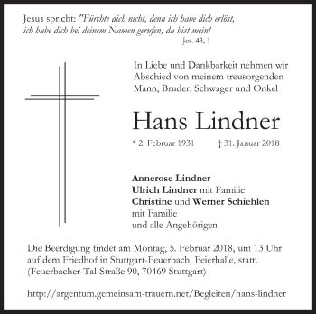 Traueranzeige von Hans Lindner von Stuttgarter Zeitung / Stuttgarter Nachrichten