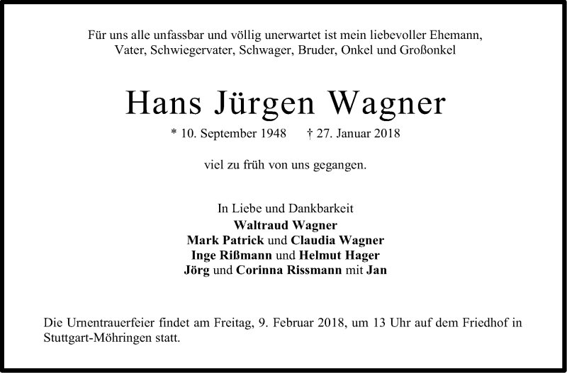  Traueranzeige für Hans Jürgen Wagner vom 03.02.2018 aus Stuttgarter Zeitung / Stuttgarter Nachrichten