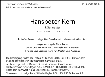 Traueranzeige von Hanspeter Kern von Stuttgarter Zeitung / Stuttgarter Nachrichten