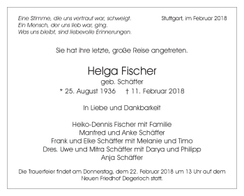 Traueranzeige von Helga Fischer von Stuttgarter Zeitung / Stuttgarter Nachrichten