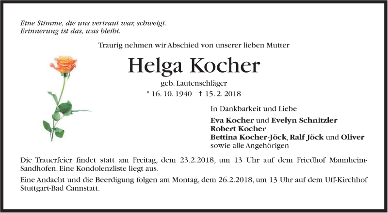  Traueranzeige für Helga Kocher vom 21.02.2018 aus Stuttgarter Zeitung / Stuttgarter Nachrichten