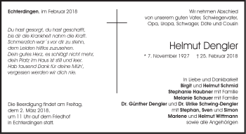 Traueranzeige von Helmut Dengler von Stuttgarter Zeitung / Stuttgarter Nachrichten