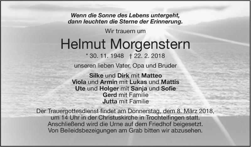  Traueranzeige für Helmut Morgenstern vom 28.02.2018 aus Stuttgarter Zeitung / Stuttgarter Nachrichten