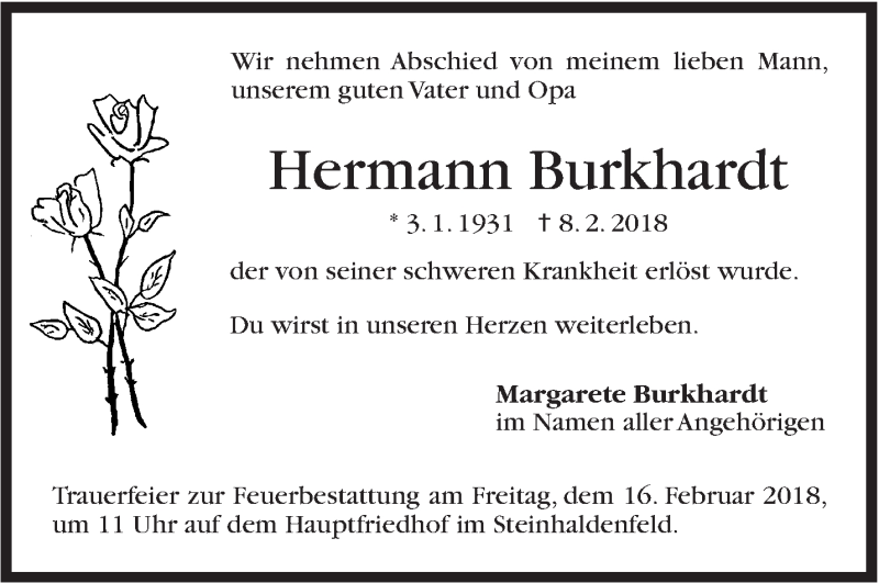  Traueranzeige für Hermann Burkhardt vom 14.02.2018 aus Stuttgarter Zeitung / Stuttgarter Nachrichten