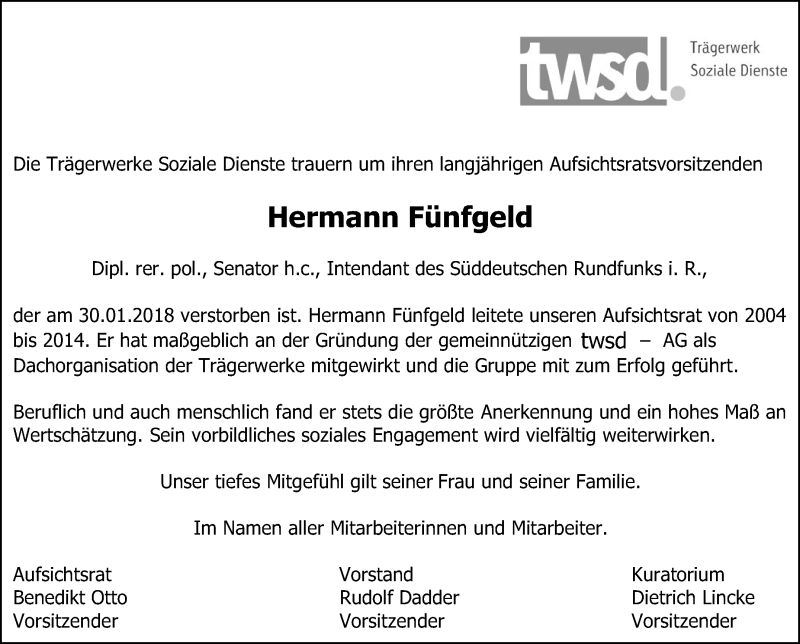  Traueranzeige für Hermann Fünfgeld vom 02.02.2018 aus Stuttgarter Zeitung / Stuttgarter Nachrichten