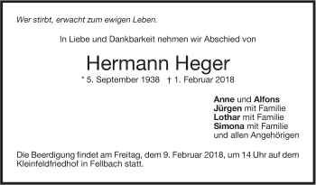 Traueranzeige von Hermann Heger von Stuttgarter Zeitung / Stuttgarter Nachrichten