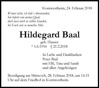 Traueranzeige von Hildegard Baal von Stuttgarter Zeitung / Stuttgarter Nachrichten