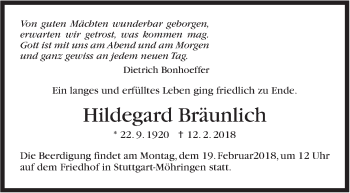 Traueranzeige von Hildegard Bräunlich von Stuttgarter Zeitung / Stuttgarter Nachrichten