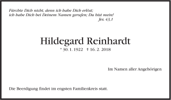 Traueranzeige von Hildegard Reinhardt von Stuttgarter Zeitung / Stuttgarter Nachrichten