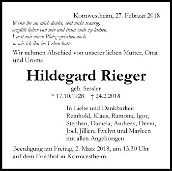 Traueranzeige von Hildegard Rieger von Stuttgarter Zeitung / Stuttgarter Nachrichten
