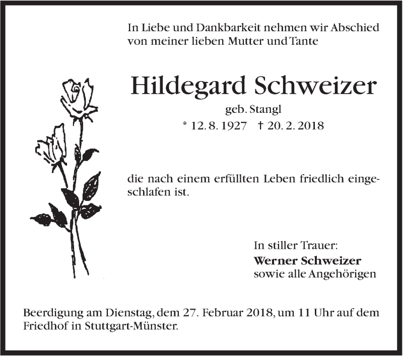  Traueranzeige für Hildegard Schweizer vom 22.02.2018 aus Stuttgarter Zeitung / Stuttgarter Nachrichten
