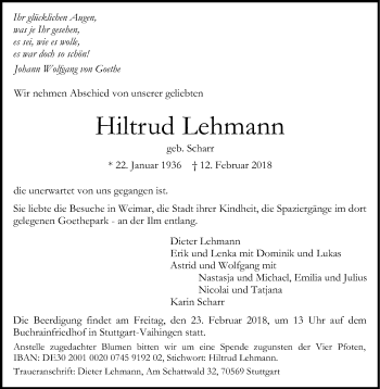 Traueranzeige von Hiltrud Lehmann von Stuttgarter Zeitung / Stuttgarter Nachrichten