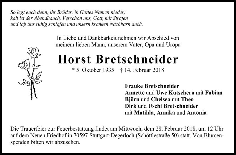  Traueranzeige für Horst Bretschneider vom 24.02.2018 aus Stuttgarter Zeitung / Stuttgarter Nachrichten
