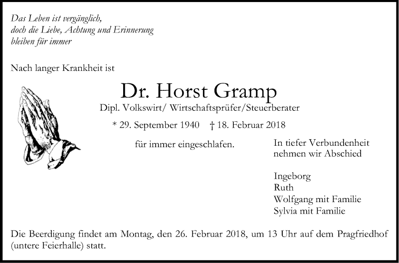  Traueranzeige für Horst Gramp vom 21.02.2018 aus Stuttgarter Zeitung / Stuttgarter Nachrichten