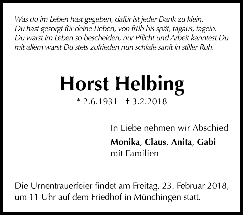  Traueranzeige für Horst Helbing vom 16.02.2018 aus Stuttgarter Zeitung / Stuttgarter Nachrichten