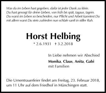 Traueranzeige von Horst Helbing von Stuttgarter Zeitung / Stuttgarter Nachrichten