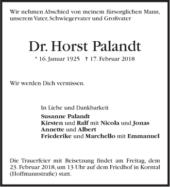 Traueranzeige von Horst Palandt von Stuttgarter Zeitung / Stuttgarter Nachrichten