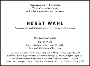 Traueranzeige von Horst Wahl von Stuttgarter Zeitung / Stuttgarter Nachrichten