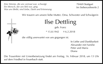 Traueranzeige von Ilse Dettling von Stuttgarter Zeitung / Stuttgarter Nachrichten
