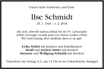 Traueranzeige von Ilse Schmidt von Stuttgarter Zeitung / Stuttgarter Nachrichten