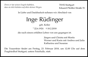Traueranzeige von Inge Rüdinger von Stuttgarter Zeitung / Stuttgarter Nachrichten