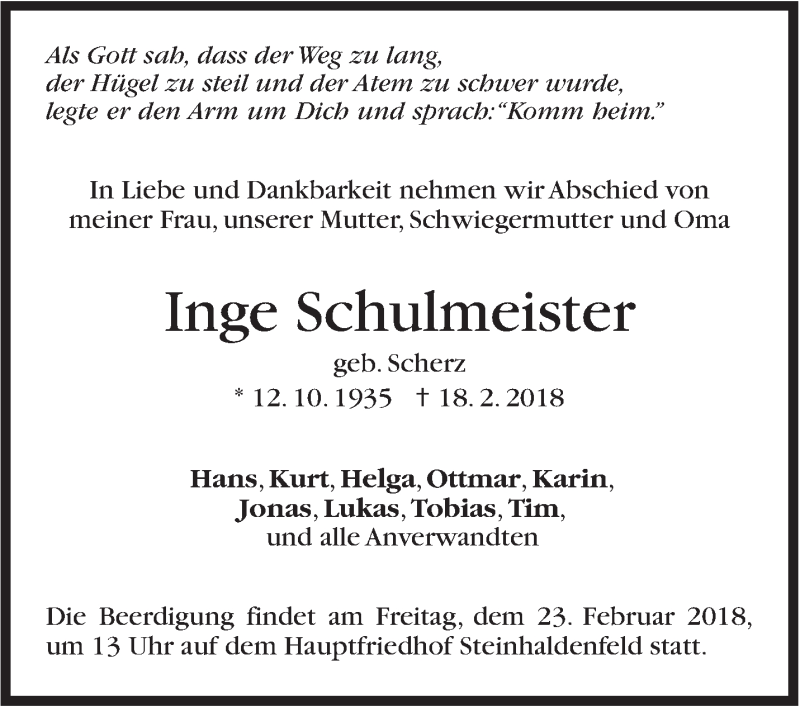  Traueranzeige für Inge Schulmeister vom 21.02.2018 aus Stuttgarter Zeitung / Stuttgarter Nachrichten