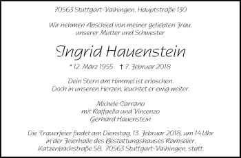 Traueranzeige von Ingrid Hauenstein von Stuttgarter Zeitung / Stuttgarter Nachrichten