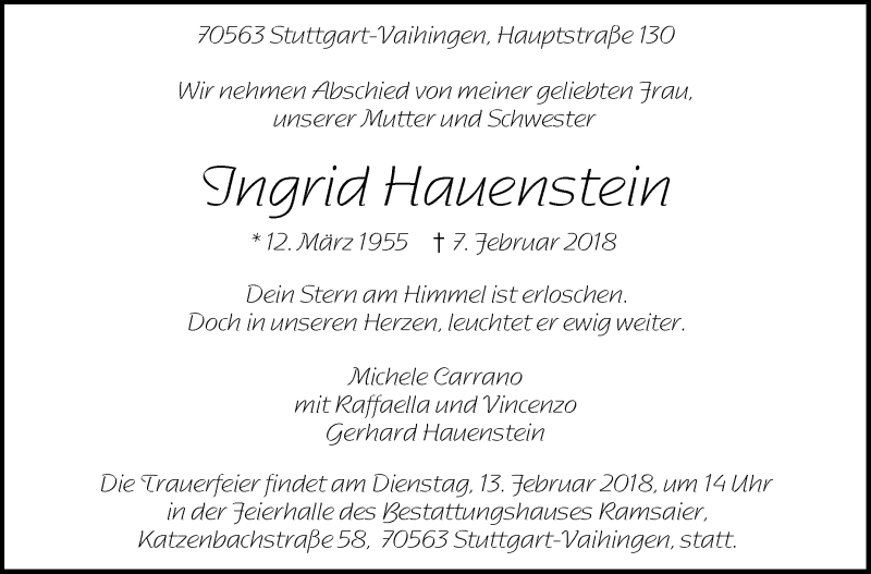  Traueranzeige für Ingrid Hauenstein vom 10.02.2018 aus Stuttgarter Zeitung / Stuttgarter Nachrichten