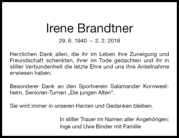 Traueranzeige von Irene Brandtner von Stuttgarter Zeitung / Stuttgarter Nachrichten