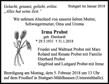 Traueranzeige von Irma Probst von Stuttgarter Zeitung / Stuttgarter Nachrichten