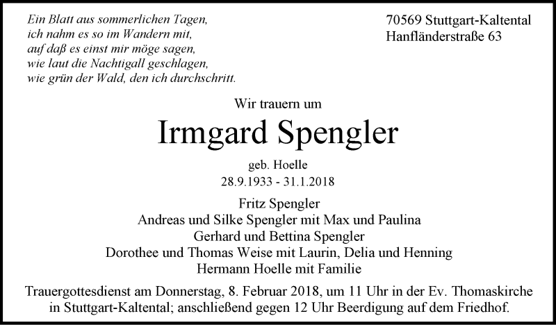  Traueranzeige für Irmgard Spengler vom 05.02.2018 aus Stuttgarter Zeitung / Stuttgarter Nachrichten