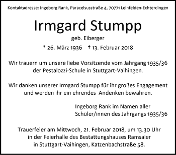 Traueranzeige von Irmgard Stumpp von Stuttgarter Zeitung / Stuttgarter Nachrichten