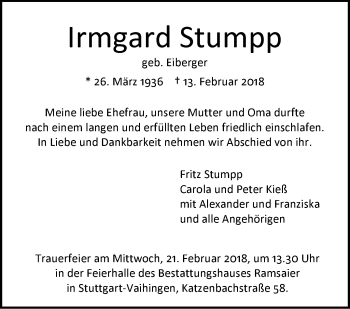 Traueranzeige von Irmgard Stumpp von Stuttgarter Zeitung / Stuttgarter Nachrichten