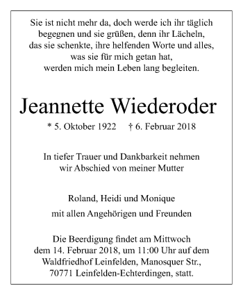 Traueranzeige von Jeannette Wiederoder von Stuttgarter Zeitung / Stuttgarter Nachrichten