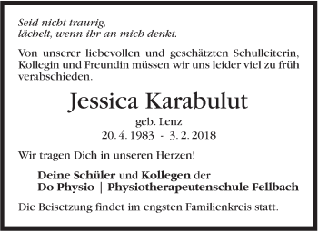 Traueranzeige von Jessica Karabulut von Stuttgarter Zeitung / Stuttgarter Nachrichten