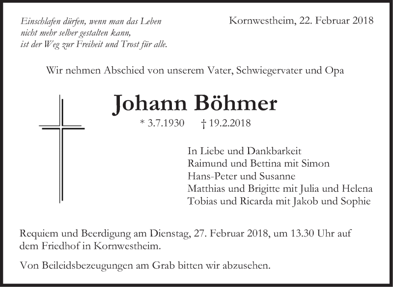  Traueranzeige für Johann Böhmer vom 22.02.2018 aus Stuttgarter Zeitung / Stuttgarter Nachrichten