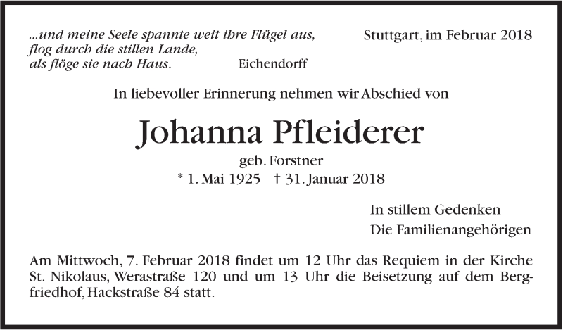  Traueranzeige für Johanna Pfleiderer vom 03.02.2018 aus Stuttgarter Zeitung / Stuttgarter Nachrichten