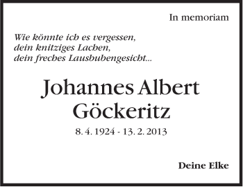 Traueranzeige von Johannes Albert Göckeritz von Stuttgarter Zeitung / Stuttgarter Nachrichten