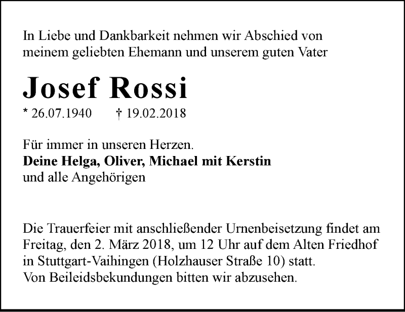  Traueranzeige für Josef Rossi vom 24.02.2018 aus Stuttgarter Zeitung / Stuttgarter Nachrichten