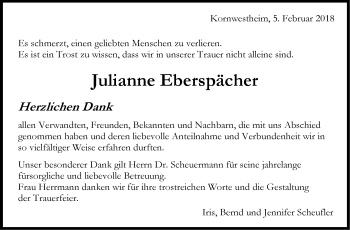 Traueranzeige von Julianne Eberspächer von Stuttgarter Zeitung / Stuttgarter Nachrichten