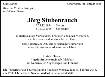 Traueranzeige von Jörg Stubenrauch von Stuttgarter Zeitung / Stuttgarter Nachrichten