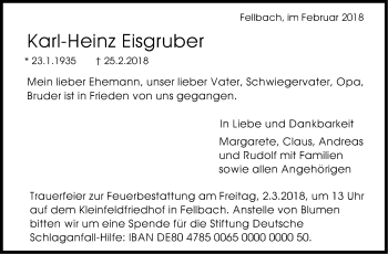 Traueranzeige von Karl-Heinz Eisgruber von Stuttgarter Zeitung / Stuttgarter Nachrichten