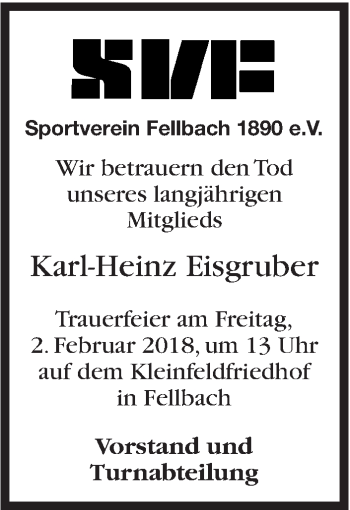 Traueranzeige von Karl-Heinz Eisgruber von Stuttgarter Zeitung / Stuttgarter Nachrichten