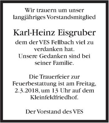 Traueranzeige von Karl-Heinz Eisgruber von Stuttgarter Zeitung / Stuttgarter Nachrichten