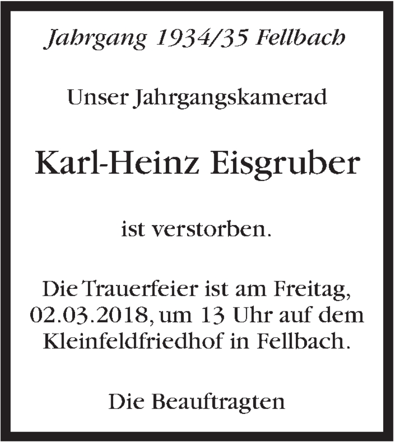  Traueranzeige für Karl-Heinz Eisgruber vom 01.03.2018 aus Stuttgarter Zeitung / Stuttgarter Nachrichten