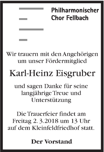 Traueranzeige von Karl-Heinz Eisgruber von Stuttgarter Zeitung / Stuttgarter Nachrichten