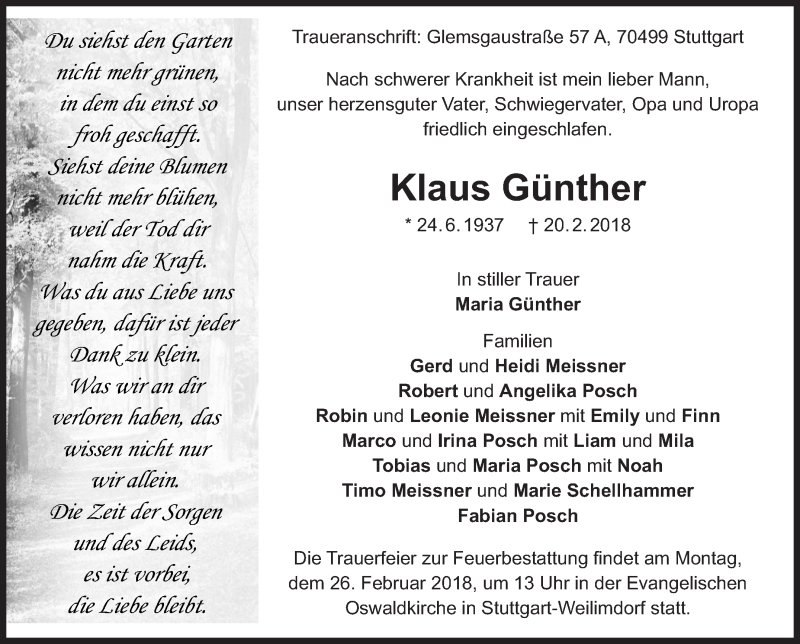  Traueranzeige für Klaus Günther vom 22.02.2018 aus Stuttgarter Zeitung / Stuttgarter Nachrichten